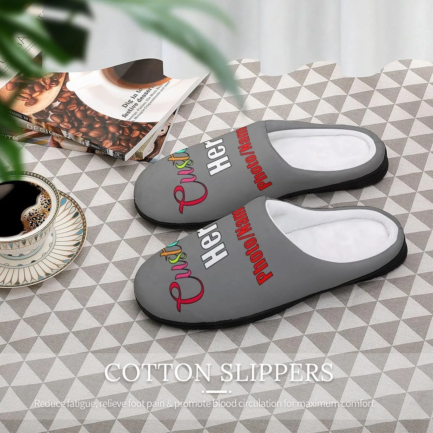 Custom Slippers for Men Women, Personalized Design Photo Logo Name for Autumn Winter Gifts Cotton Furry Slipper