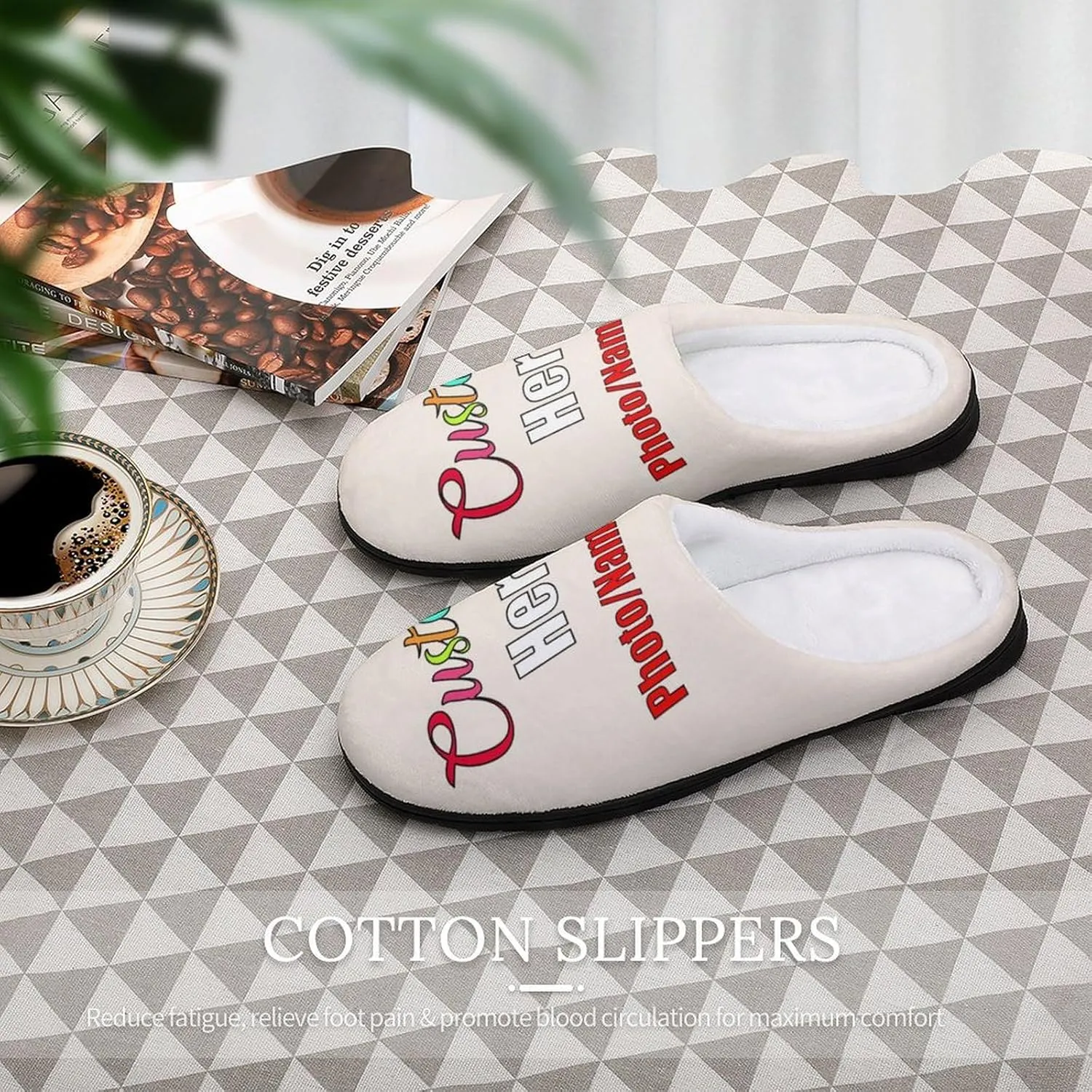 Custom Slippers for Men Women, Personalized Design Photo Logo Name for Autumn Winter Gifts Cotton Furry Slipper
