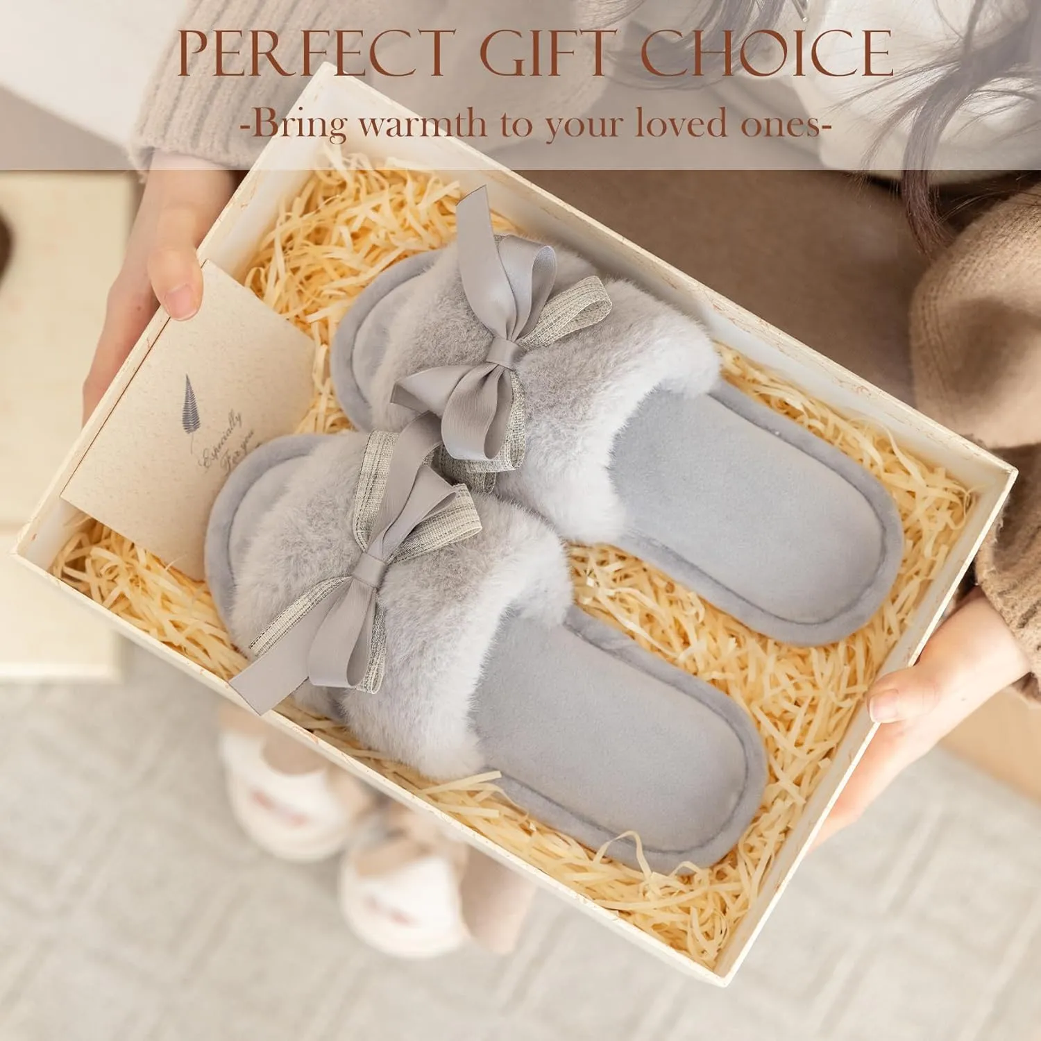 Cute Bow Slippers for Women with Memory Foam Open Toe Fuzzy House Slippers indoor outdoor Anti-Skid Soft Birthday Gifts for Women Mom