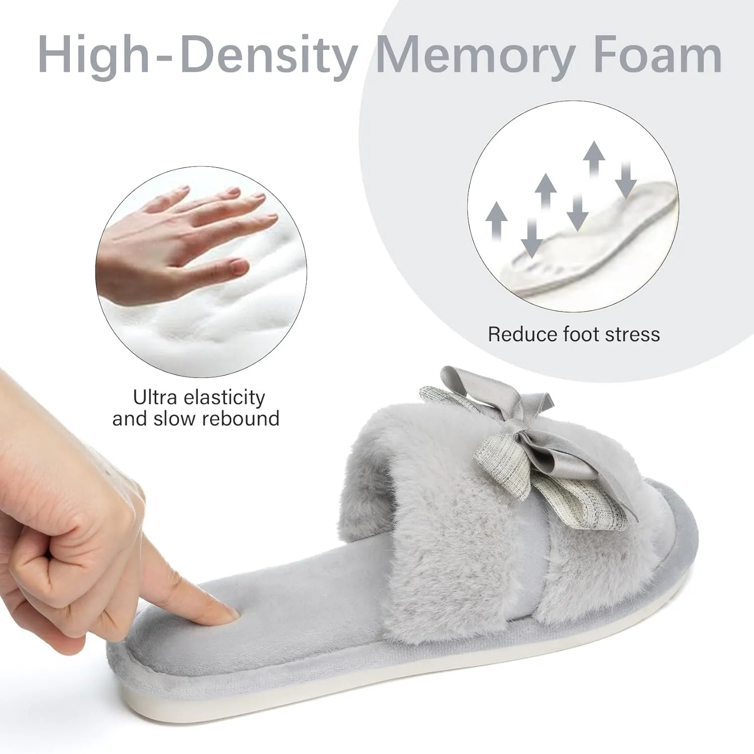 Cute Bow Slippers for Women with Memory Foam Open Toe Fuzzy House Slippers indoor outdoor Anti-Skid Soft Birthday Gifts for Women Mom