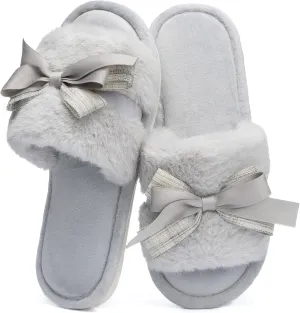 Cute Bow Slippers for Women with Memory Foam Open Toe Fuzzy House Slippers indoor outdoor Anti-Skid Soft Birthday Gifts for Women Mom