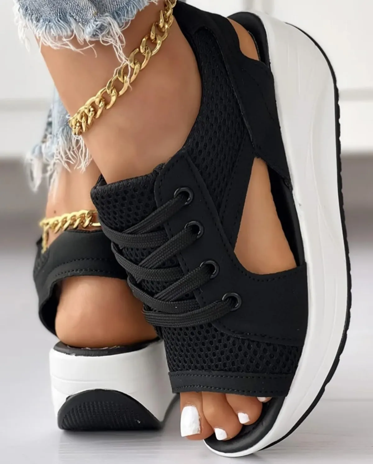Cutout Lace Up Muffin Sandals for Women, Open Toe Tennis Shoes，Contrast Paneled Sandals, Summer Womens Platform Wedges Peep Toe Strappy Sneaker