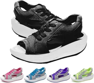 Cutout Lace Up Muffin Sandals for Women, Open Toe Tennis Shoes，Contrast Paneled Sandals, Summer Womens Platform Wedges Peep Toe Strappy Sneaker