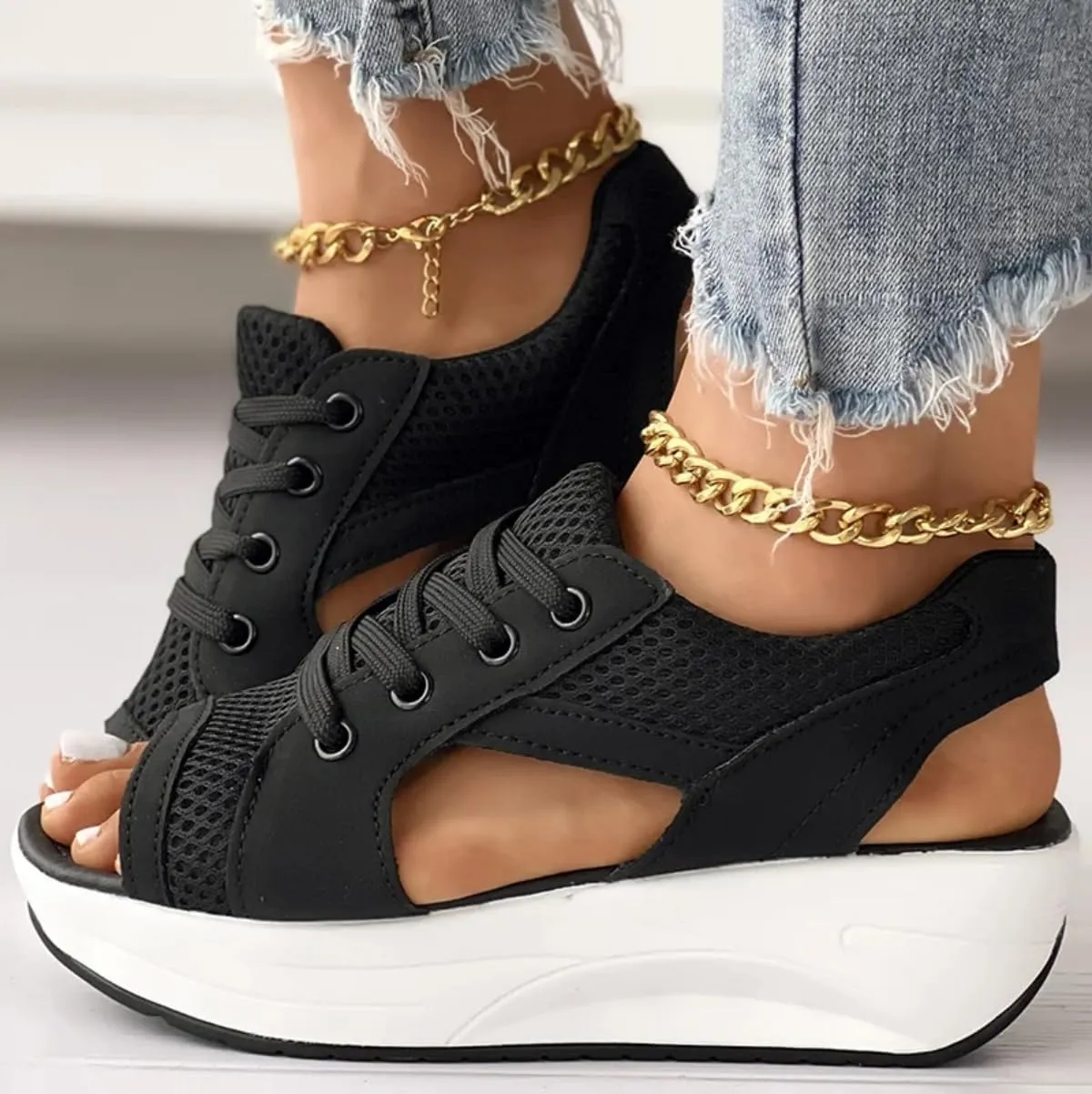 Cutout Lace Up Muffin Sandals for Women, Open Toe Tennis Shoes，Contrast Paneled Sandals, Summer Womens Platform Wedges Peep Toe Strappy Sneaker