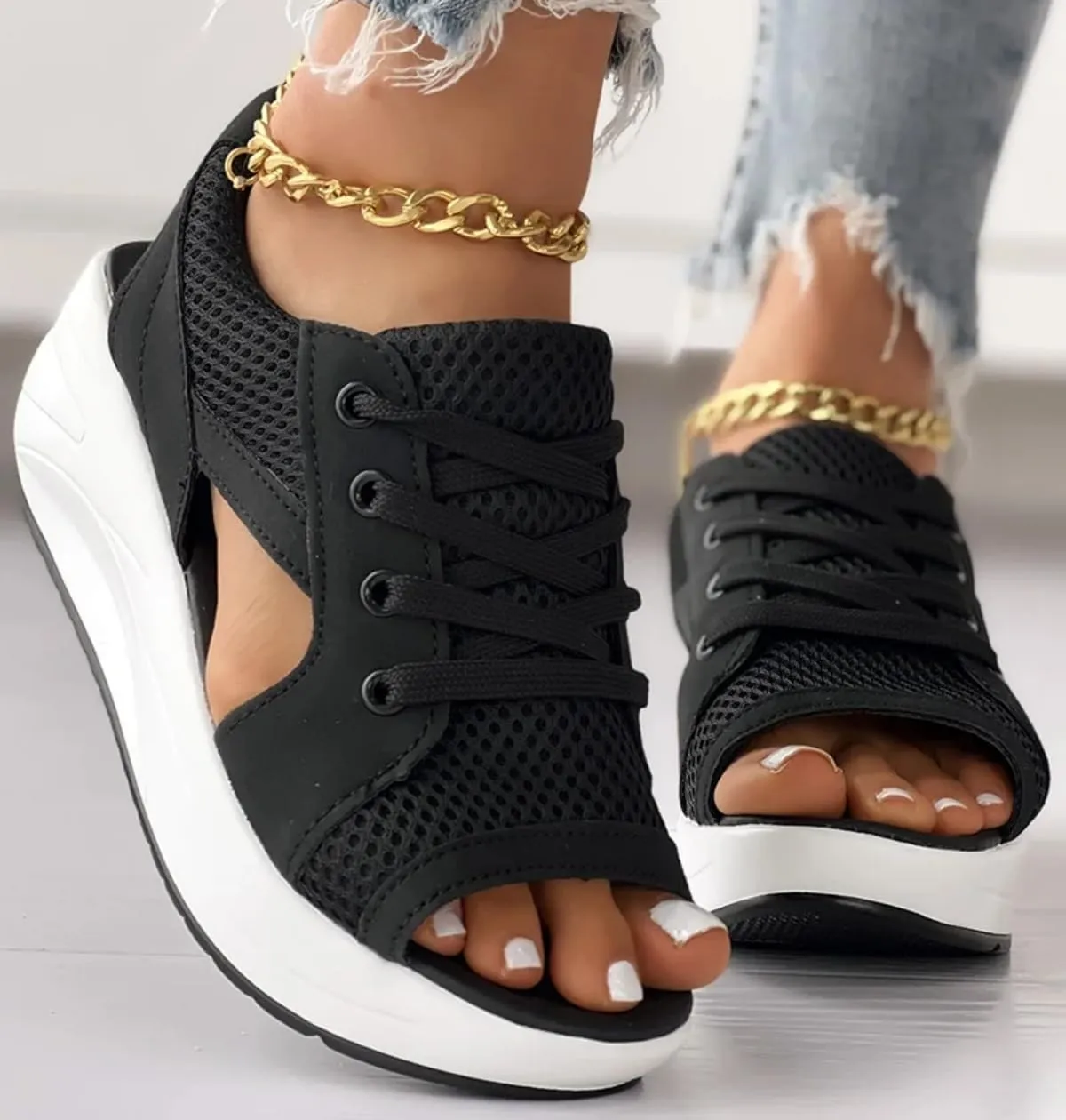 Cutout Lace Up Muffin Sandals for Women, Open Toe Tennis Shoes，Contrast Paneled Sandals, Summer Womens Platform Wedges Peep Toe Strappy Sneaker
