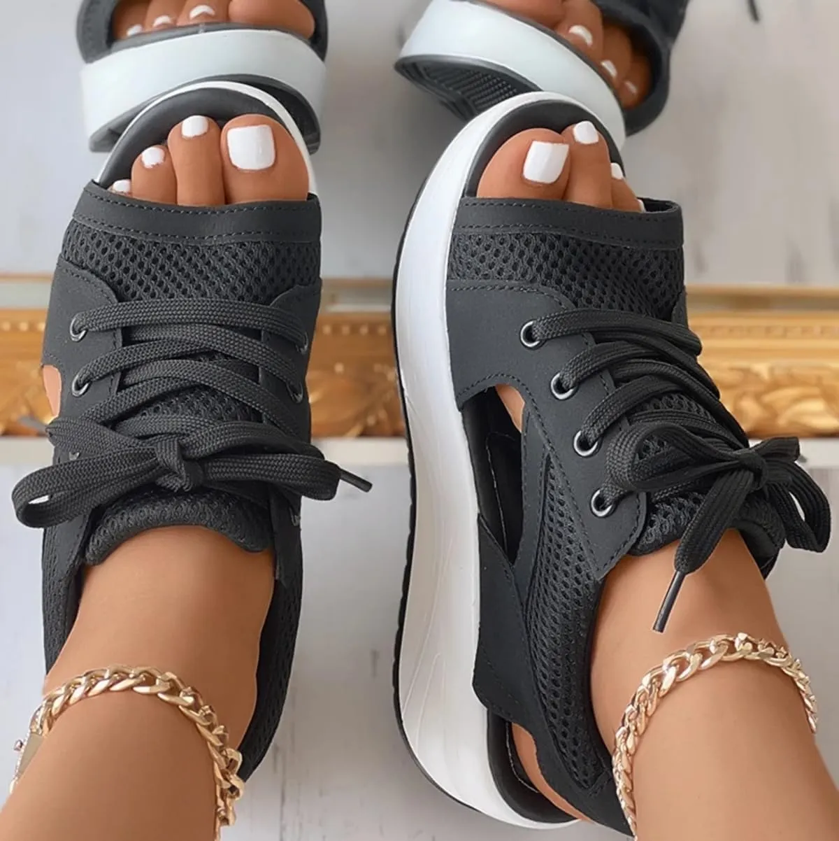 Cutout Lace Up Muffin Sandals for Women, Open Toe Tennis Shoes，Contrast Paneled Sandals, Summer Womens Platform Wedges Peep Toe Strappy Sneaker