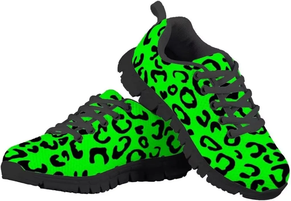 Dellukee Running Shoes for Girls Boys Black Bottom Kids Breathable Athletic Tennis Walking Leopard Sneakers