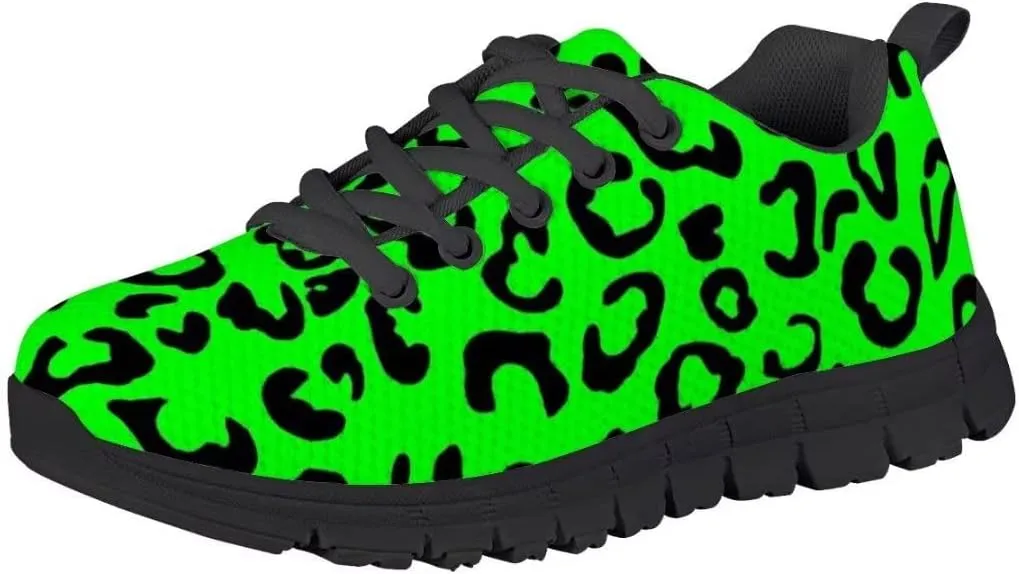 Dellukee Running Shoes for Girls Boys Black Bottom Kids Breathable Athletic Tennis Walking Leopard Sneakers
