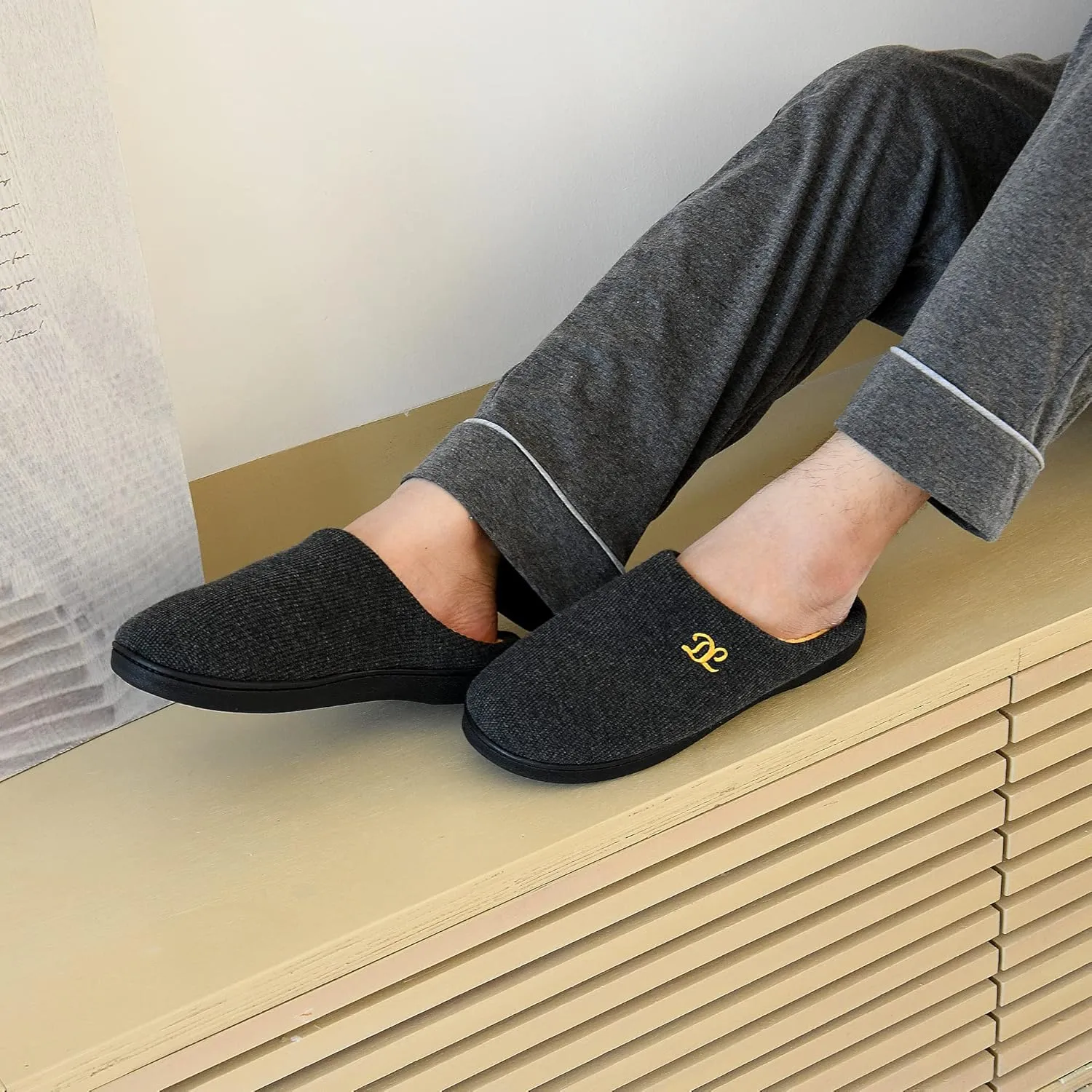 DL Mens Memory Foam Slippers - Comfortable House Slippers For Men, Indoor Outdoor, Closed Toe Black Gray Navy