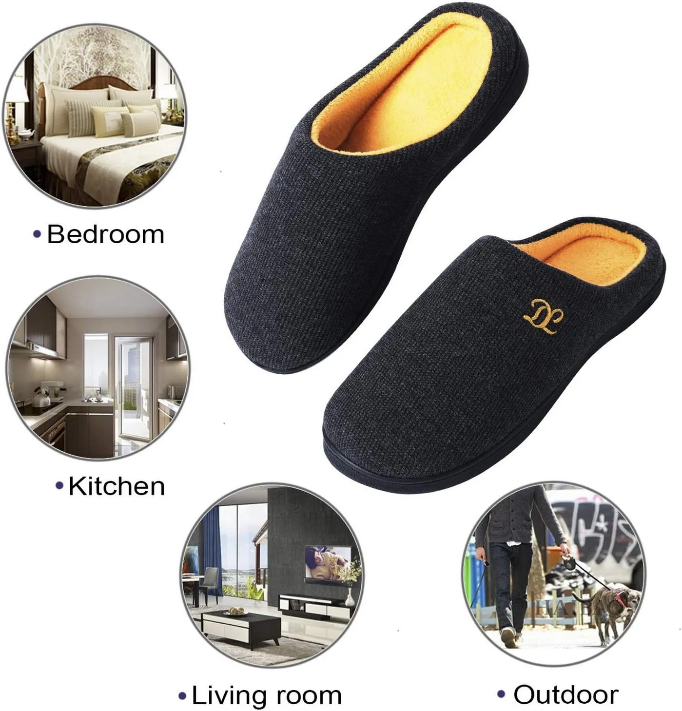 DL Mens Memory Foam Slippers - Comfortable House Slippers For Men, Indoor Outdoor, Closed Toe Black Gray Navy
