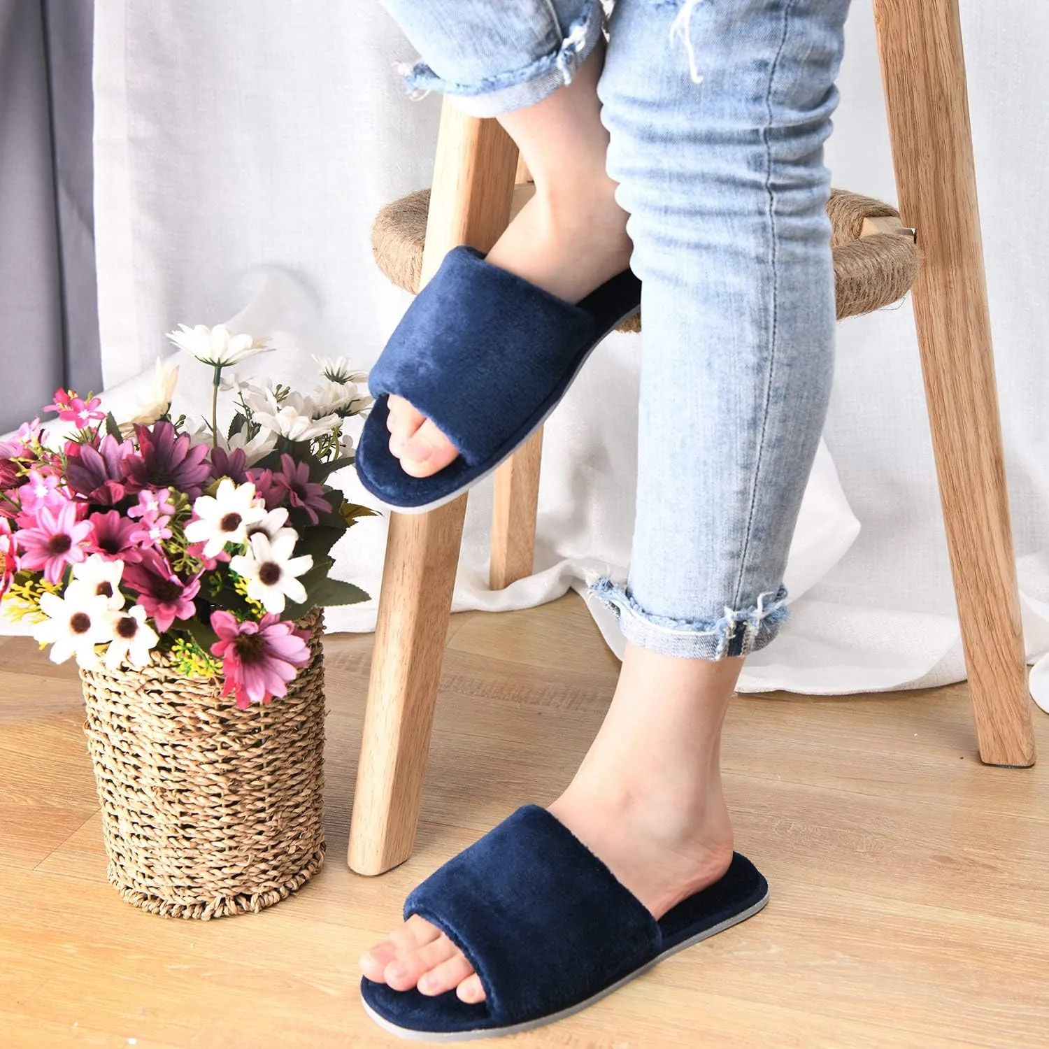 DL Open Toe Slippers for women Indoor, Cozy Memory Foam Womens House Slippers Summer Slip On, Comfy Soft Flannel Womens Bedroom Slippers Slide Breathable Size 5-6 7-8 9-10