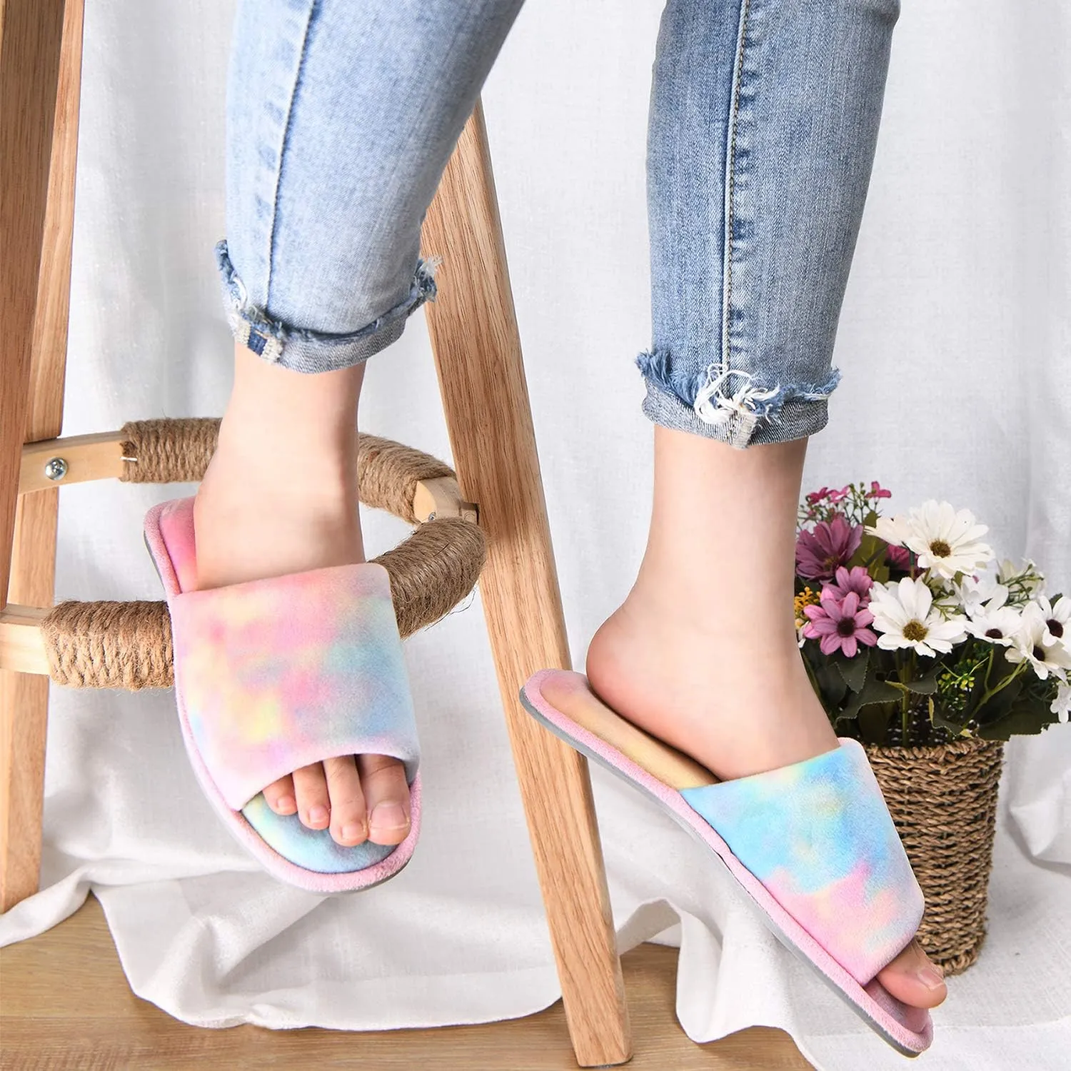 DL Open Toe Slippers for women Indoor, Cozy Memory Foam Womens House Slippers Summer Slip On, Comfy Soft Flannel Womens Bedroom Slippers Slide Breathable Size 5-6 7-8 9-10