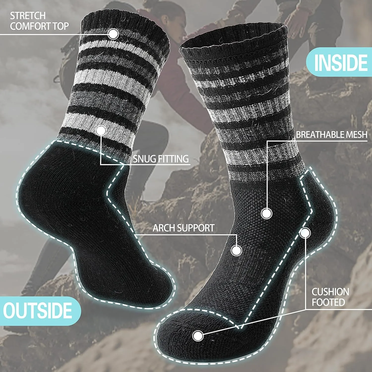 EBMORE 5 Pairs Womens Merino Wool Hiking Socks Thermal Warm Winter Boot Crew Cushion Work Gift Socks