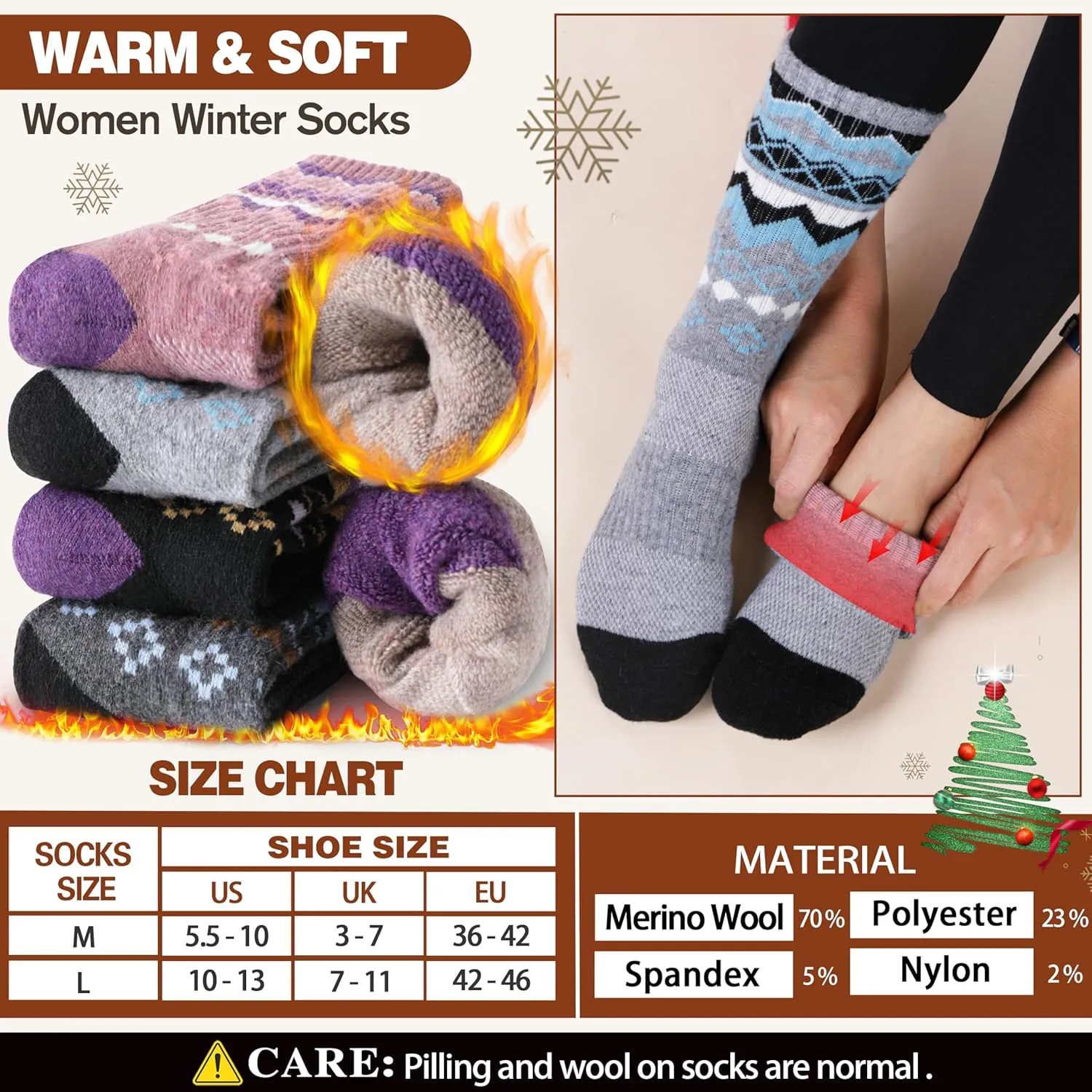 EBMORE 5 Pairs Womens Merino Wool Hiking Socks Thermal Warm Winter Boot Crew Cushion Work Gift Socks