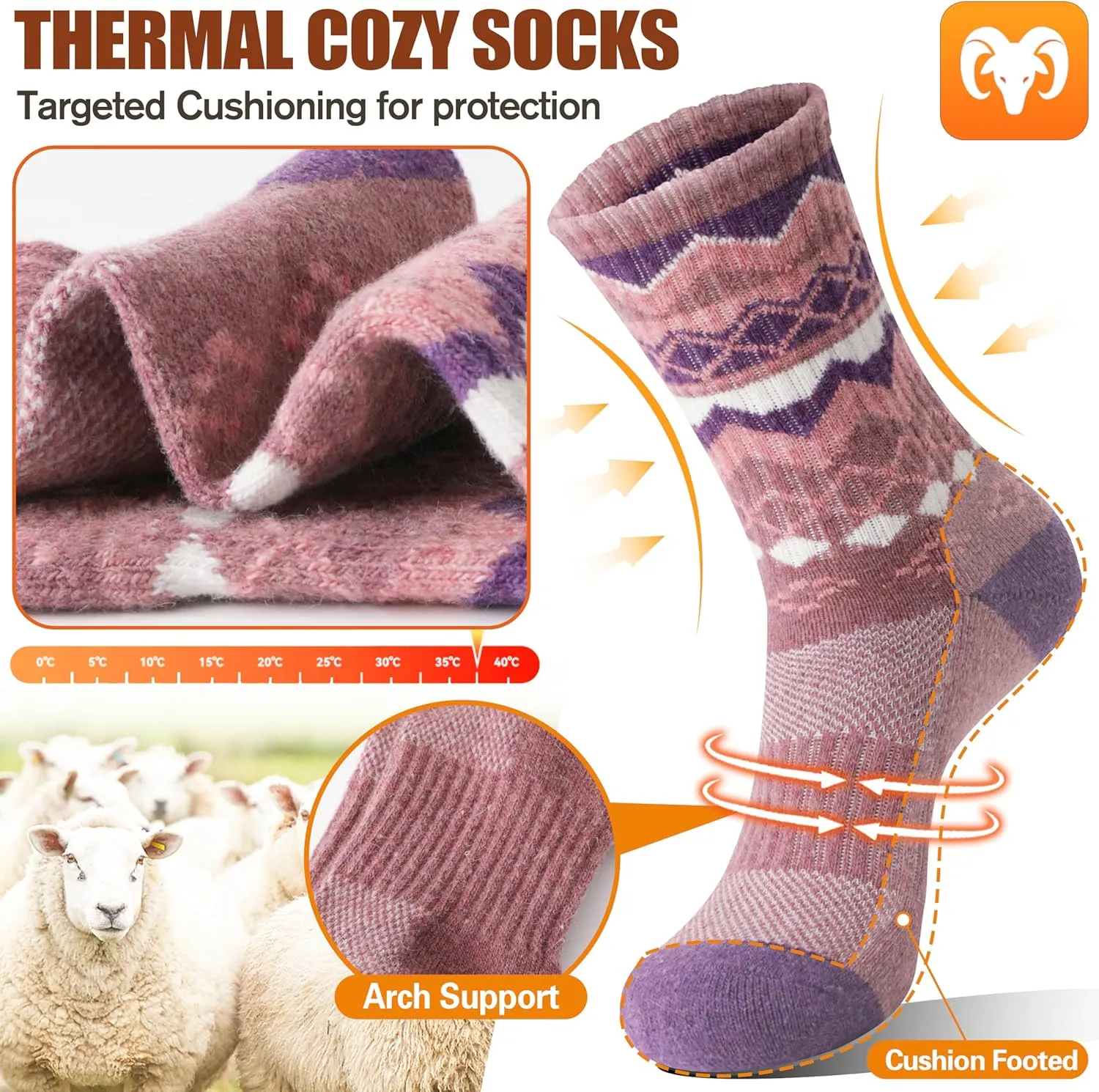 EBMORE 5 Pairs Womens Merino Wool Hiking Socks Thermal Warm Winter Boot Crew Cushion Work Gift Socks