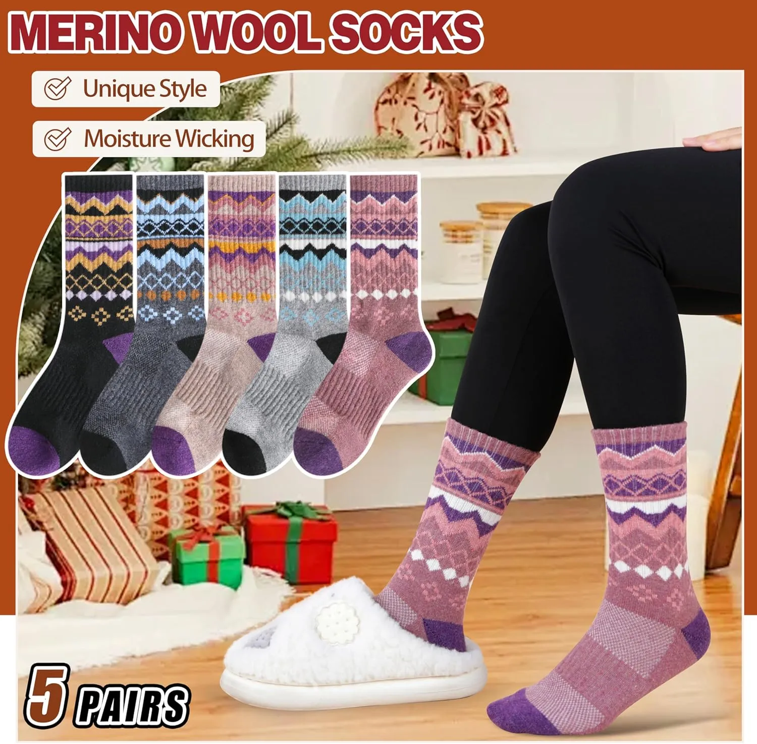 EBMORE 5 Pairs Womens Merino Wool Hiking Socks Thermal Warm Winter Boot Crew Cushion Work Gift Socks