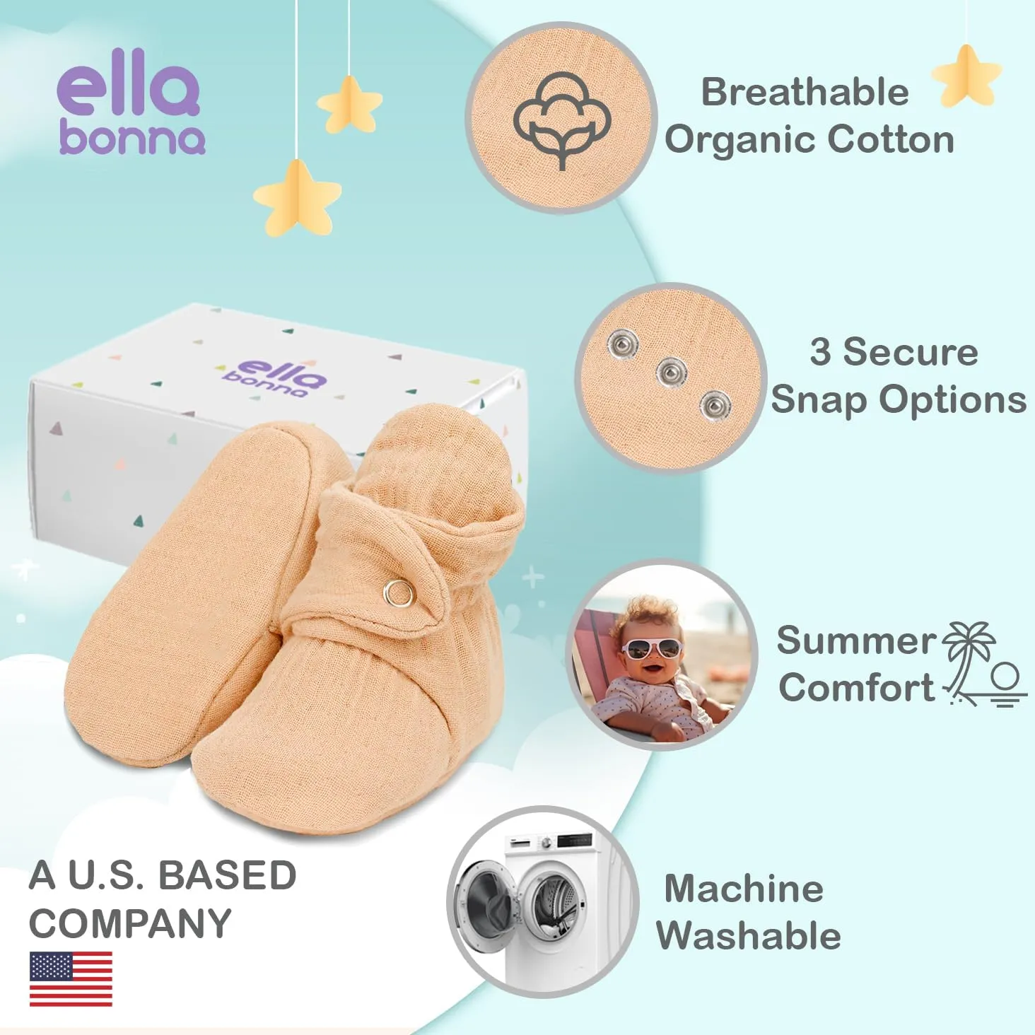 Ella Bonna Baby Booties Organic Cotton Muslin Newborn Baby Slippers Baby Boy Booties, Infant Girl Booties, 6-12 months, 0-6 Months, 12-18 Months, 0-3 Months, 18-24 Months, Toddler Shoes