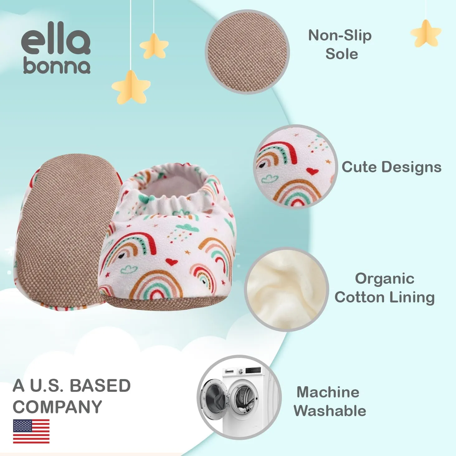 Ella Bonna Cotton Toddler Slippers Baby, Boys Slippers Non-Slip Soft Sole, Stay On Kids Slippers Girls, Baby Booties Socks, Slippers for Girls, Newborn Shoes, Rainbow, 0-6 Months