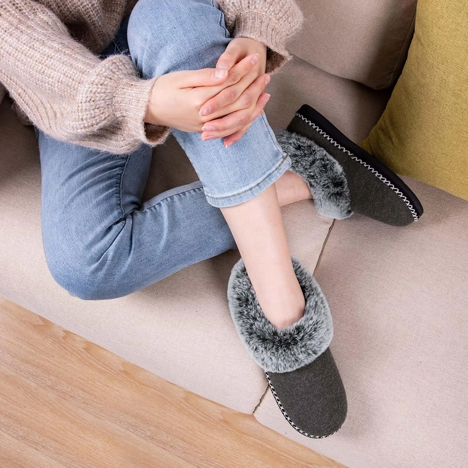 EverFoams Women's Bootie Slippers Warm Soft Comfy Memory Foam Non-slip Indoor House Shoes with Fluffy Collar