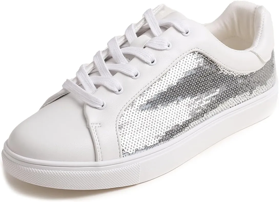FEVERSOLE Women's Fashion Sparkle Sequin Embellished Sneaker Party Holiday Casual Shoes