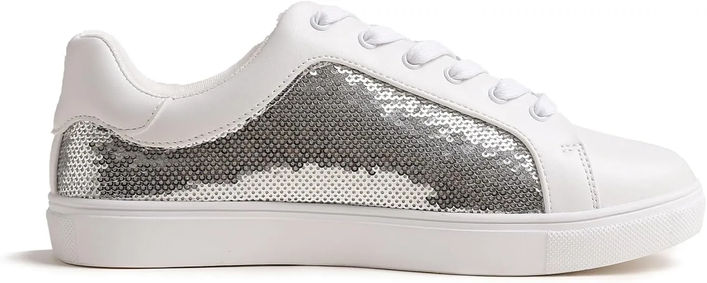 FEVERSOLE Women's Fashion Sparkle Sequin Embellished Sneaker Party Holiday Casual Shoes