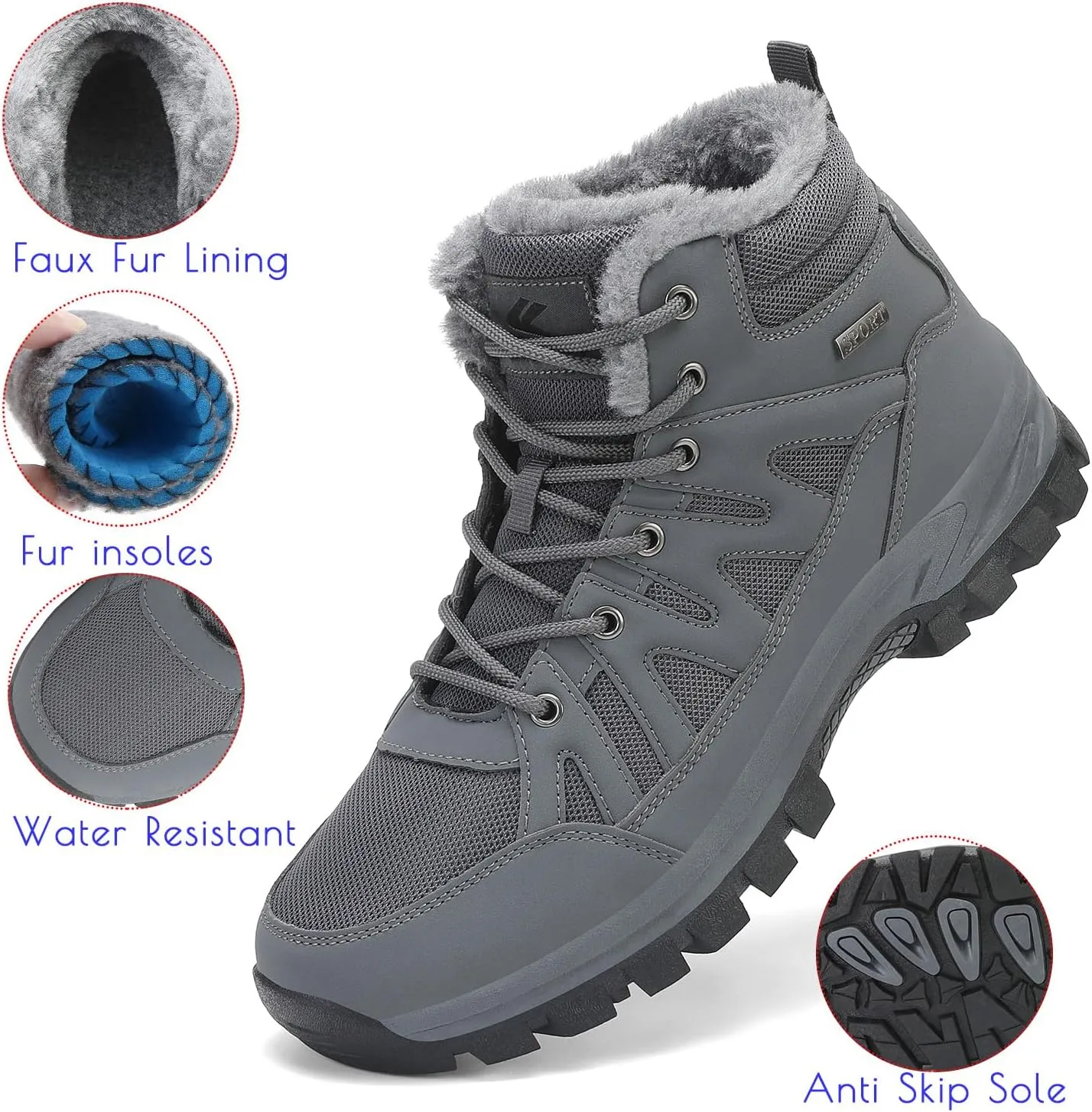 FLARUT Mens Snow Boots Insulated Fur Liner Winter Warm Hiking Shoes Walking Sneaker