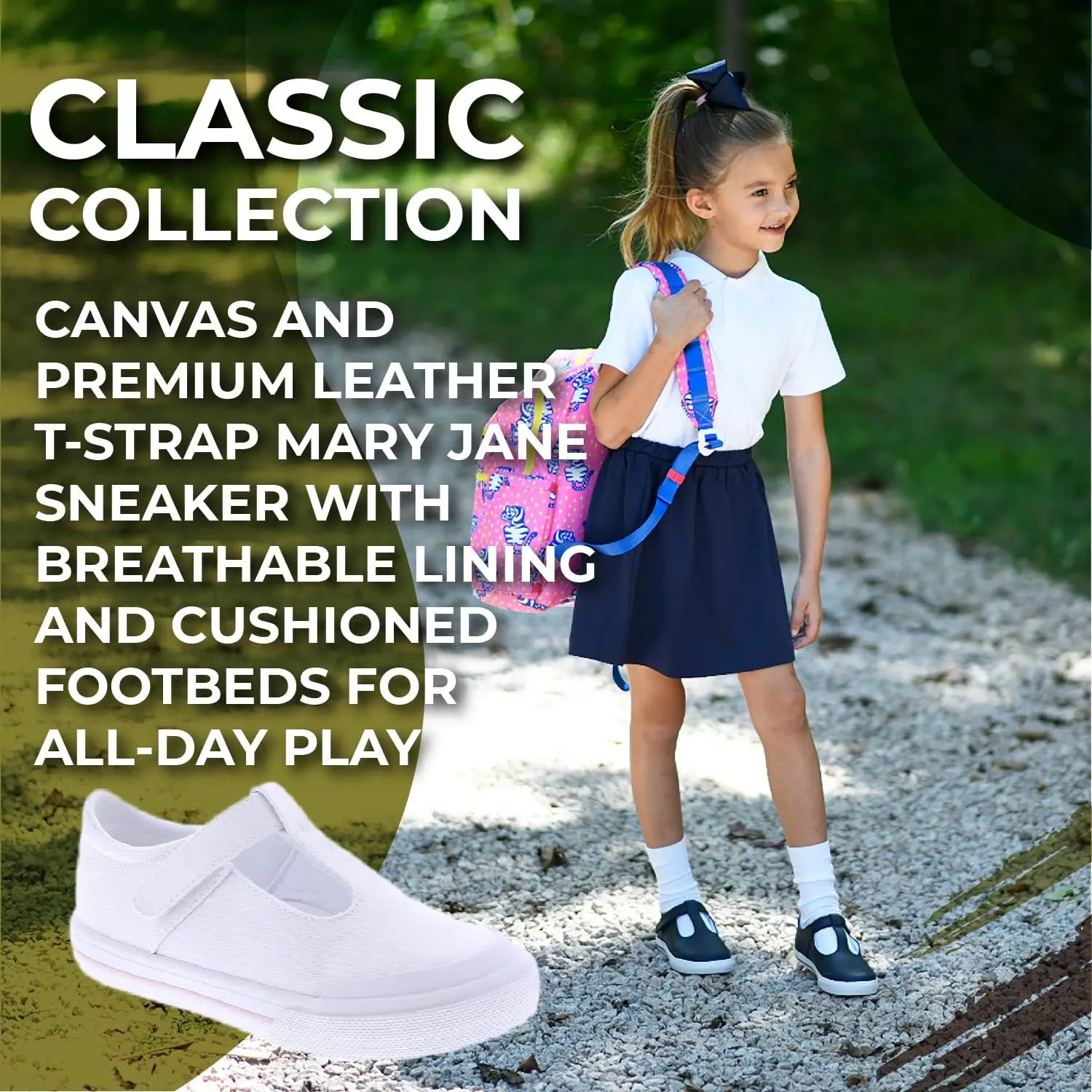 FOOTMATES Drew Mary Jane Flat T-Strap Girls Canvas Walking Sneakers with Custom-Fit Insoles, Slip-Resistant Vulcanized Outsoles