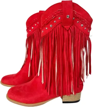 Frankie Hsu Classic Unisex Cowboy Cowgirl Calf High Heeled Bootie, Red Fringe Faux Suede Rivet Cute Fashion Western Style, Big Large Size US4-19 Dressy Boots For Women Men
