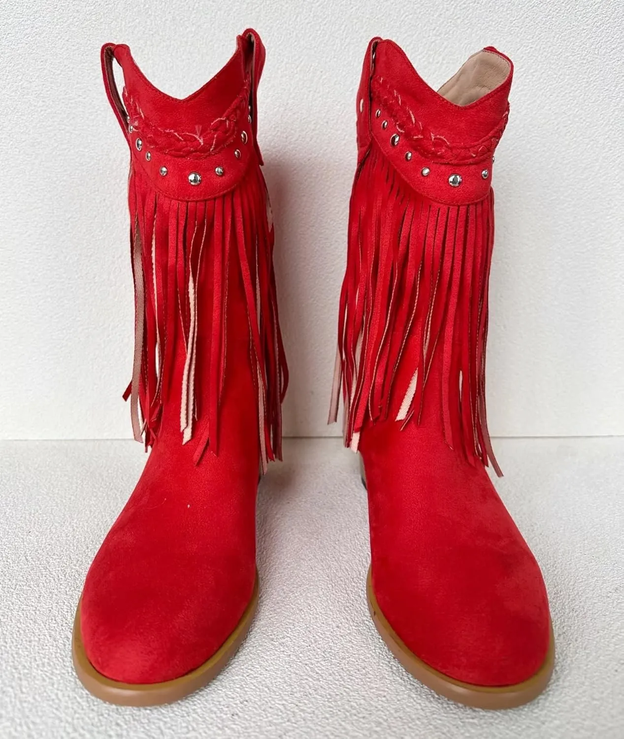 Frankie Hsu Classic Unisex Cowboy Cowgirl Calf High Heeled Bootie, Red Fringe Faux Suede Rivet Cute Fashion Western Style, Big Large Size US4-19 Dressy Boots For Women Men