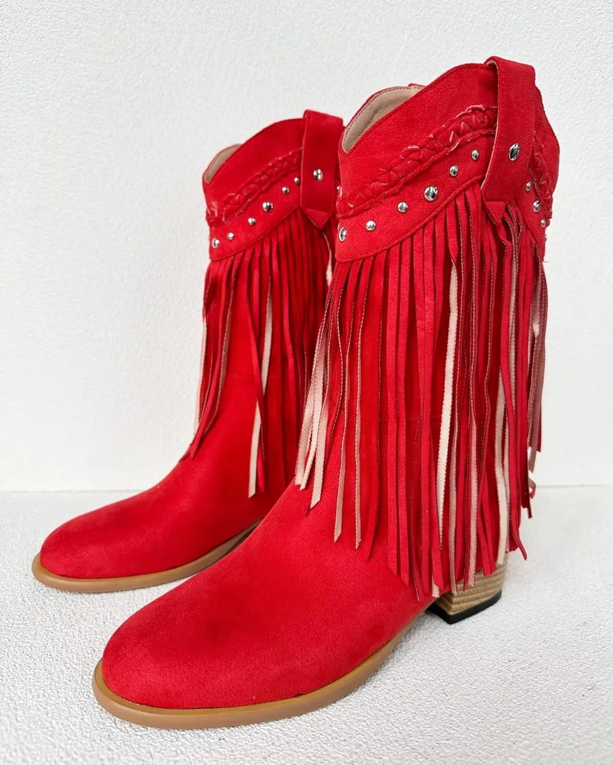 Frankie Hsu Classic Unisex Cowboy Cowgirl Calf High Heeled Bootie, Red Fringe Faux Suede Rivet Cute Fashion Western Style, Big Large Size US4-19 Dressy Boots For Women Men