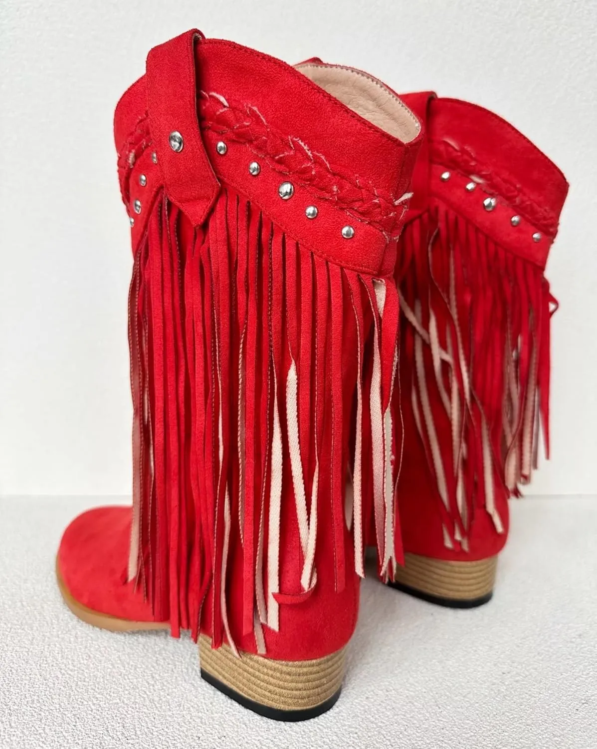 Frankie Hsu Classic Unisex Cowboy Cowgirl Calf High Heeled Bootie, Red Fringe Faux Suede Rivet Cute Fashion Western Style, Big Large Size US4-19 Dressy Boots For Women Men