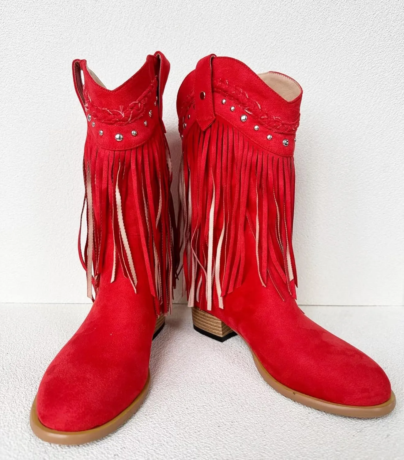 Frankie Hsu Classic Unisex Cowboy Cowgirl Calf High Heeled Bootie, Red Fringe Faux Suede Rivet Cute Fashion Western Style, Big Large Size US4-19 Dressy Boots For Women Men