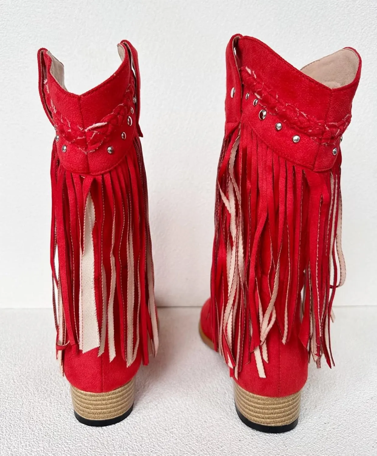 Frankie Hsu Classic Unisex Cowboy Cowgirl Calf High Heeled Bootie, Red Fringe Faux Suede Rivet Cute Fashion Western Style, Big Large Size US4-19 Dressy Boots For Women Men