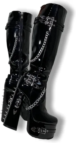 Frankie Hsu Goth Sexy Chunky Platform Knee High Heeled Boots, Black Patent Silver Chain Rivets Gothic, Punk Y2K Hot Girl Big Large Size Wide Calf Long Shoes For Women Men