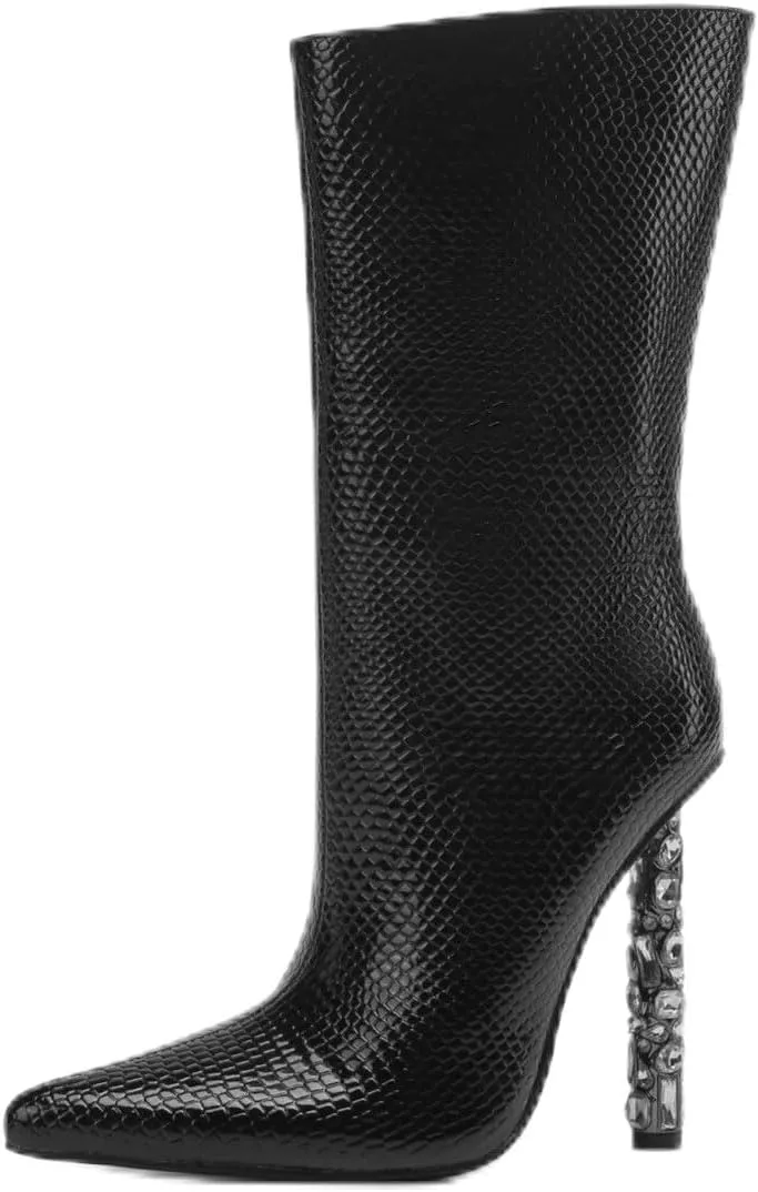 Frankie Hsu Rhinestone Heel Black Snake Pattern High Heeled Ankle Bootie, Crystal Calf Boot, Lady Handmade Classic Pointed Toe Mid Calf Heel Shoes For Women