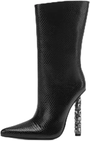 Frankie Hsu Rhinestone Heel Black Snake Pattern High Heeled Ankle Bootie, Crystal Calf Boot, Lady Handmade Classic Pointed Toe Mid Calf Heel Shoes For Women
