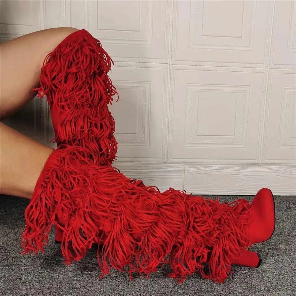 Frankie Hsu Sexy Red Tassel Chunky Over The Knee Boot, Synthetic Suede Leather Classic Thigh High Style, Fashion Large Big Size Block Heels Above The Knee Long Boots For Women