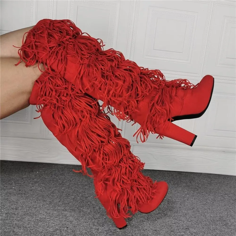 Frankie Hsu Sexy Red Tassel Chunky Over The Knee Boot, Synthetic Suede Leather Classic Thigh High Style, Fashion Large Big Size Block Heels Above The Knee Long Boots For Women