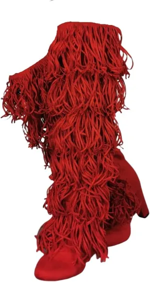 Frankie Hsu Sexy Red Tassel Chunky Over The Knee Boot, Synthetic Suede Leather Classic Thigh High Style, Fashion Large Big Size Block Heels Above The Knee Long Boots For Women