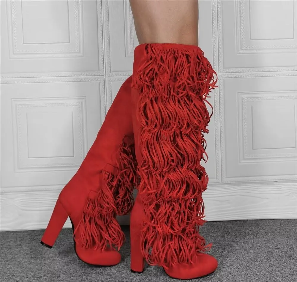 Frankie Hsu Sexy Red Tassel Chunky Over The Knee Boot, Synthetic Suede Leather Classic Thigh High Style, Fashion Large Big Size Block Heels Above The Knee Long Boots For Women