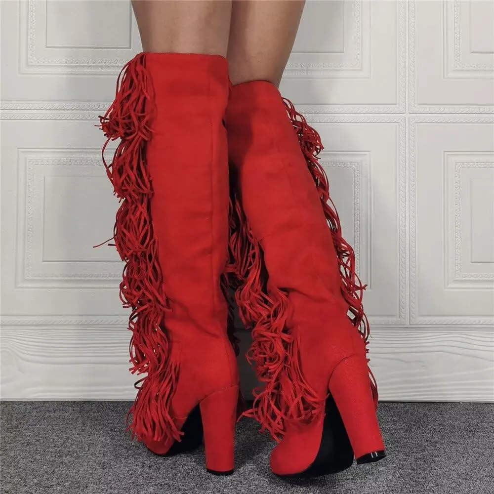 Frankie Hsu Sexy Red Tassel Chunky Over The Knee Boot, Synthetic Suede Leather Classic Thigh High Style, Fashion Large Big Size Block Heels Above The Knee Long Boots For Women
