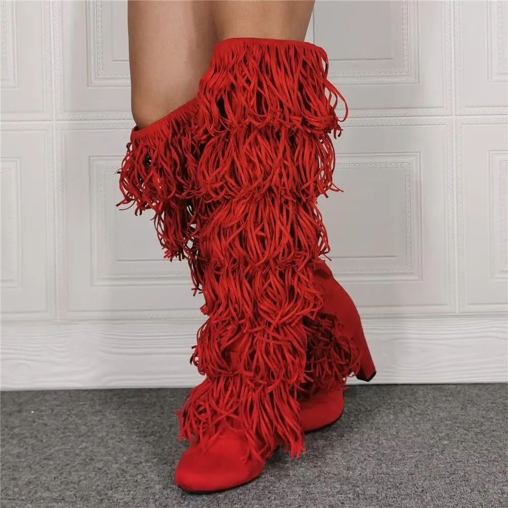 Frankie Hsu Sexy Red Tassel Chunky Over The Knee Boot, Synthetic Suede Leather Classic Thigh High Style, Fashion Large Big Size Block Heels Above The Knee Long Boots For Women