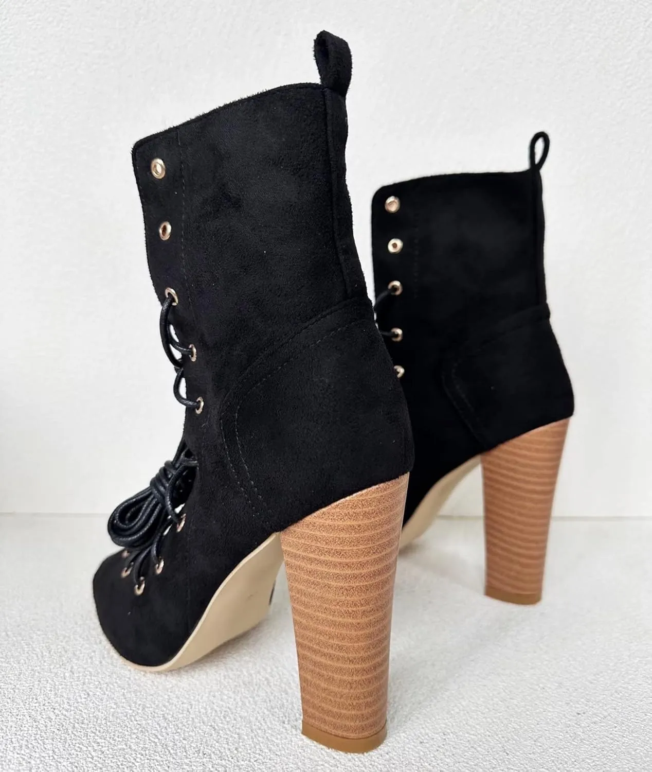 Frankie Hsu Unisex Chunky High Heeled Summer Bootie, Black Suede Classic Lace Up Zip Fashion Pumps Style Wood Heel, Big Large Size US4-19 Ankle Boots For Women Men