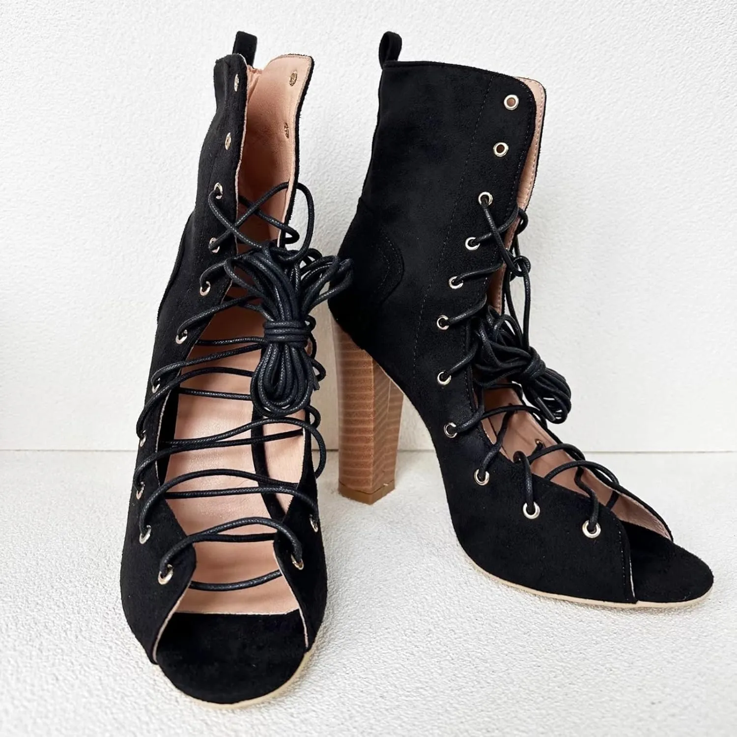 Frankie Hsu Unisex Chunky High Heeled Summer Bootie, Black Suede Classic Lace Up Zip Fashion Pumps Style Wood Heel, Big Large Size US4-19 Ankle Boots For Women Men