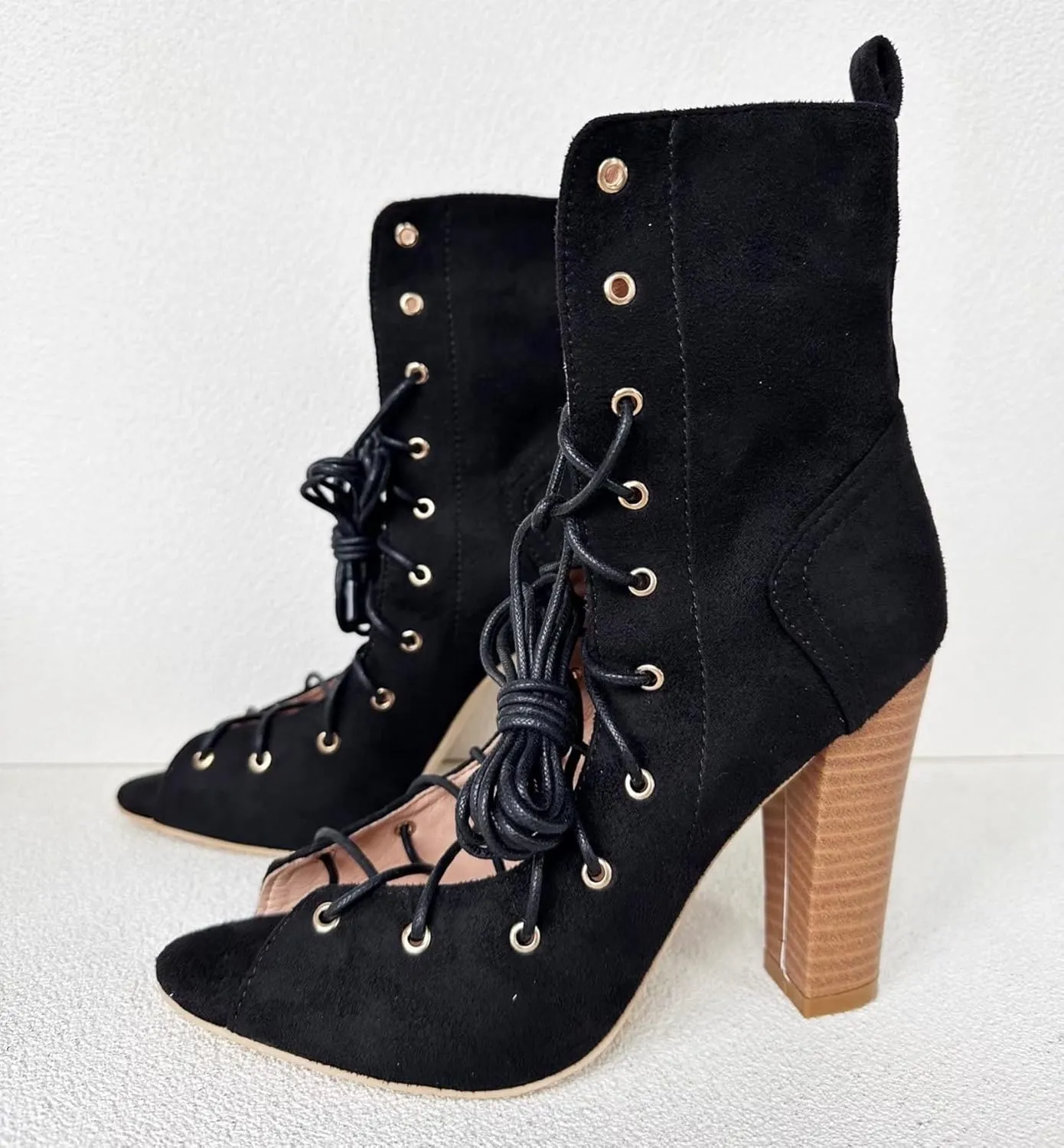 Frankie Hsu Unisex Chunky High Heeled Summer Bootie, Black Suede Classic Lace Up Zip Fashion Pumps Style Wood Heel, Big Large Size US4-19 Ankle Boots For Women Men