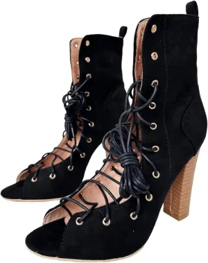 Frankie Hsu Unisex Chunky High Heeled Summer Bootie, Black Suede Classic Lace Up Zip Fashion Pumps Style Wood Heel, Big Large Size US4-19 Ankle Boots For Women Men
