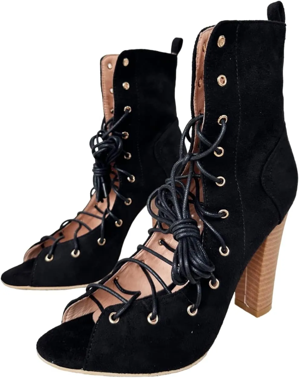 Frankie Hsu Unisex Chunky High Heeled Summer Bootie, Black Suede Classic Lace Up Zip Fashion Pumps Style Wood Heel, Big Large Size US4-19 Ankle Boots For Women Men