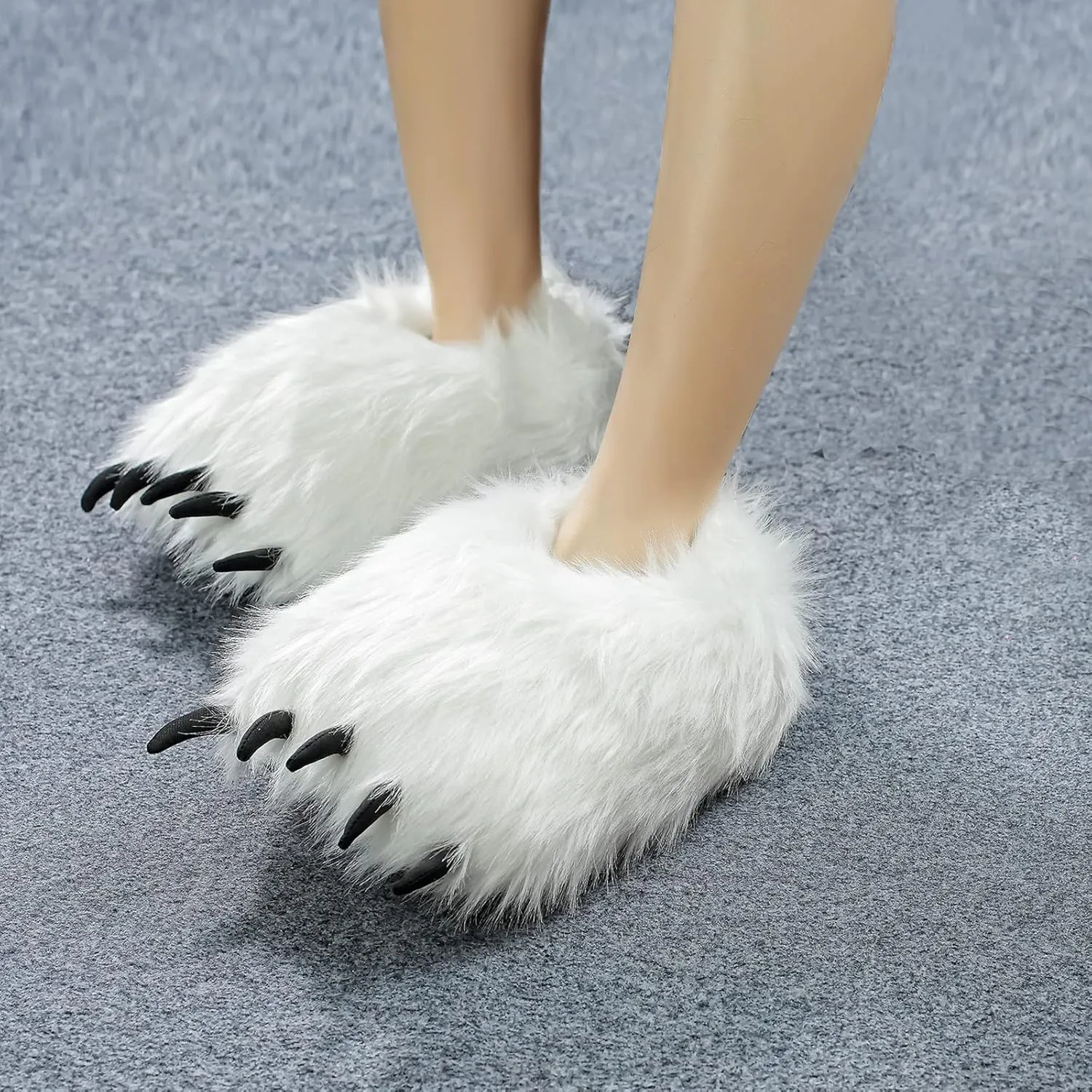 Furry Polar Bear Claw Slippers, Plush Animal Feet Paw Slipper Non-Slip House Shoes for Xmas Halloween Women 5.5-8.5