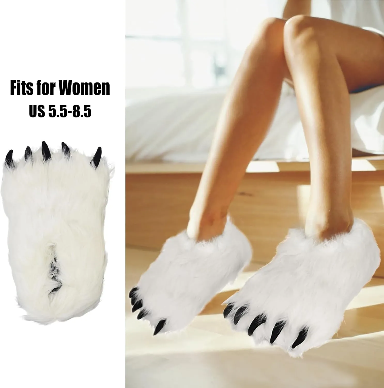 Furry Polar Bear Claw Slippers, Plush Animal Feet Paw Slipper Non-Slip House Shoes for Xmas Halloween Women 5.5-8.5