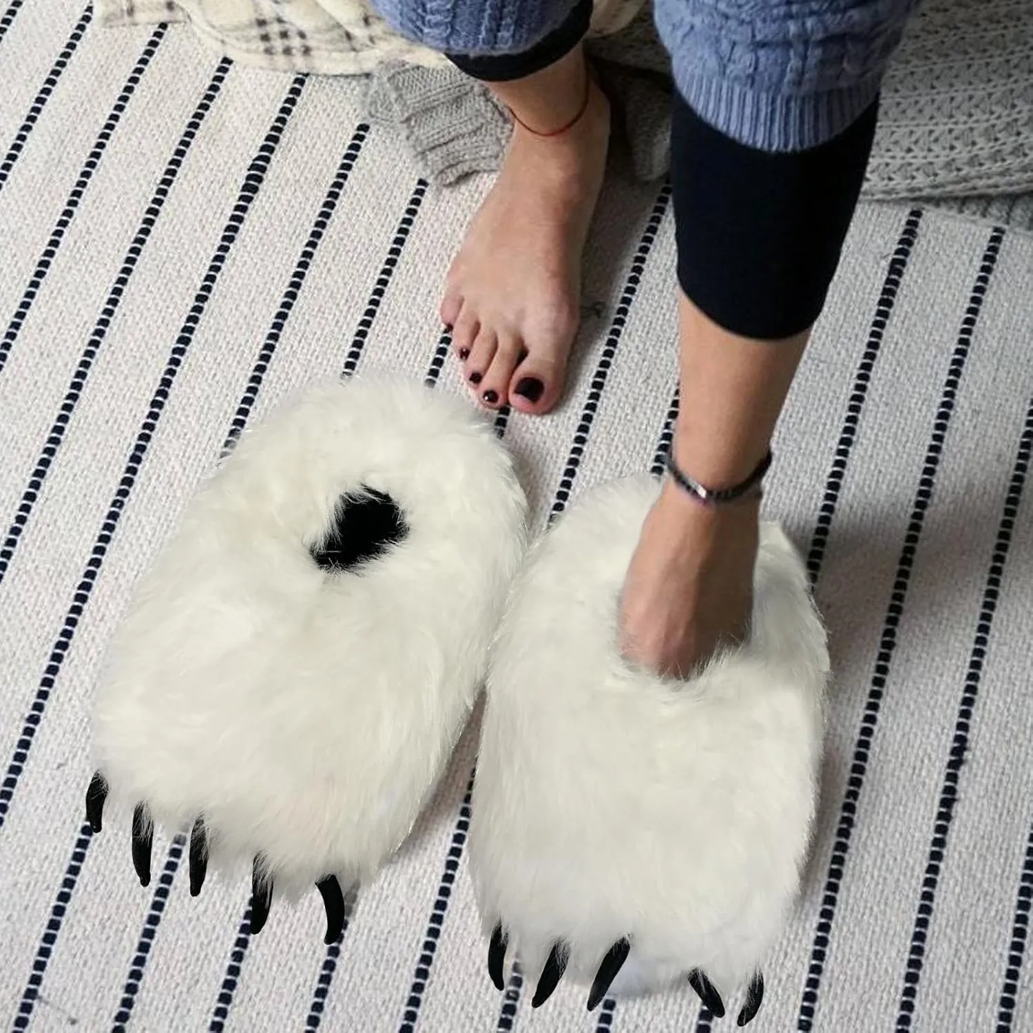 Furry Polar Bear Claw Slippers, Plush Animal Feet Paw Slipper Non-Slip House Shoes for Xmas Halloween Women 5.5-8.5